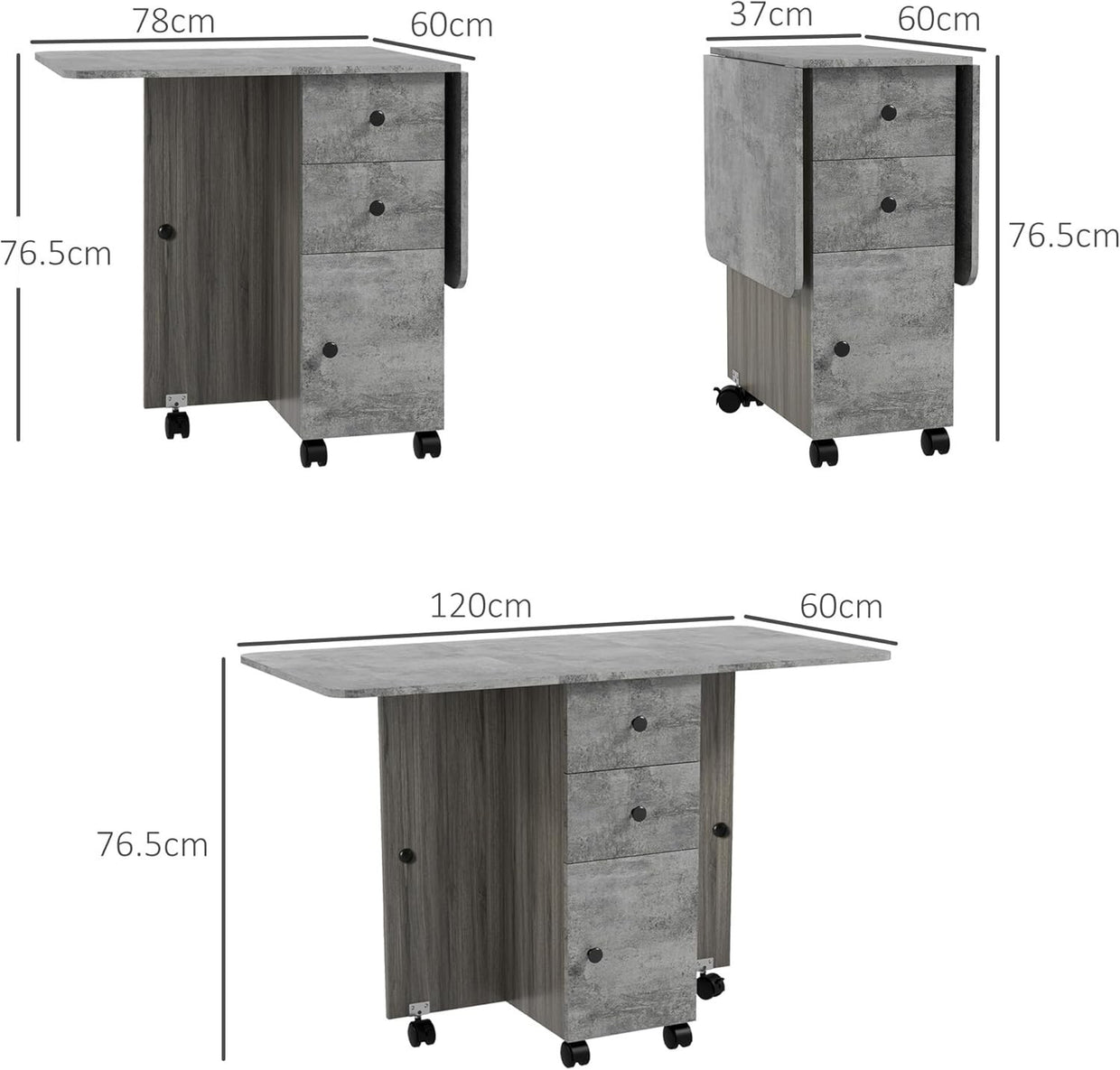 Folding Drop Leaf Dining Table on Wheels w/ Drawers, Grey Marble Effect - Kwikley