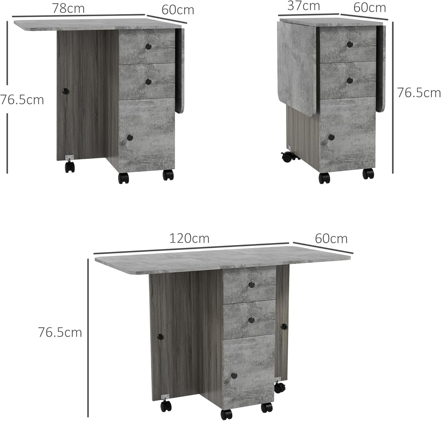 Folding Drop Leaf Dining Table on Wheels w/ Drawers, Grey Marble Effect - Kwikley