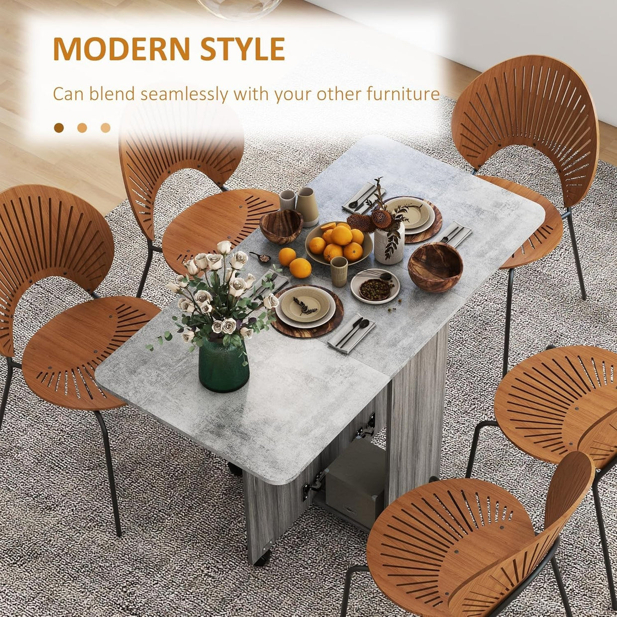 Folding Drop Leaf Dining Table on Wheels w/ Drawers, Grey Marble Effect - Kwikley