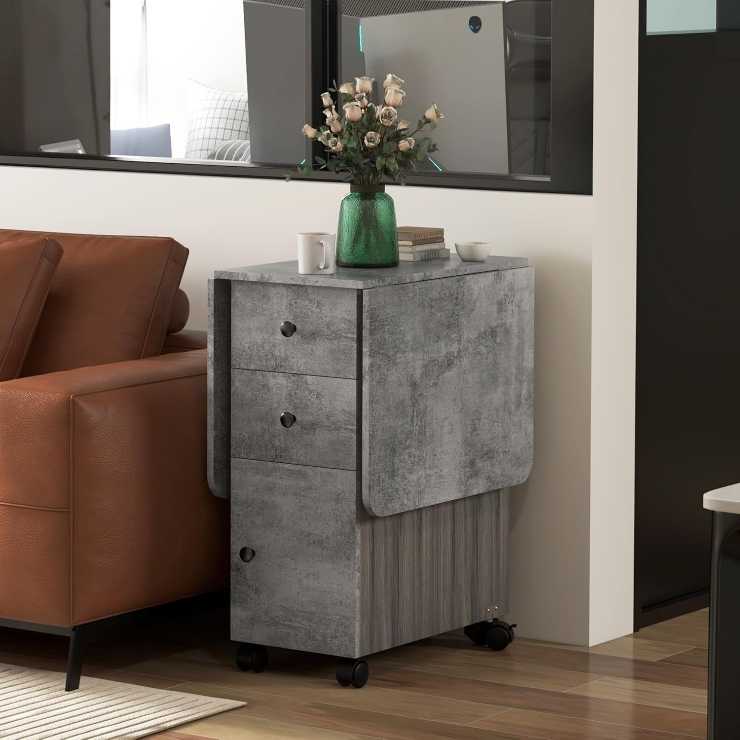 Folding Drop Leaf Dining Table on Wheels w/ Drawers, Grey Marble Effect - Kwikley