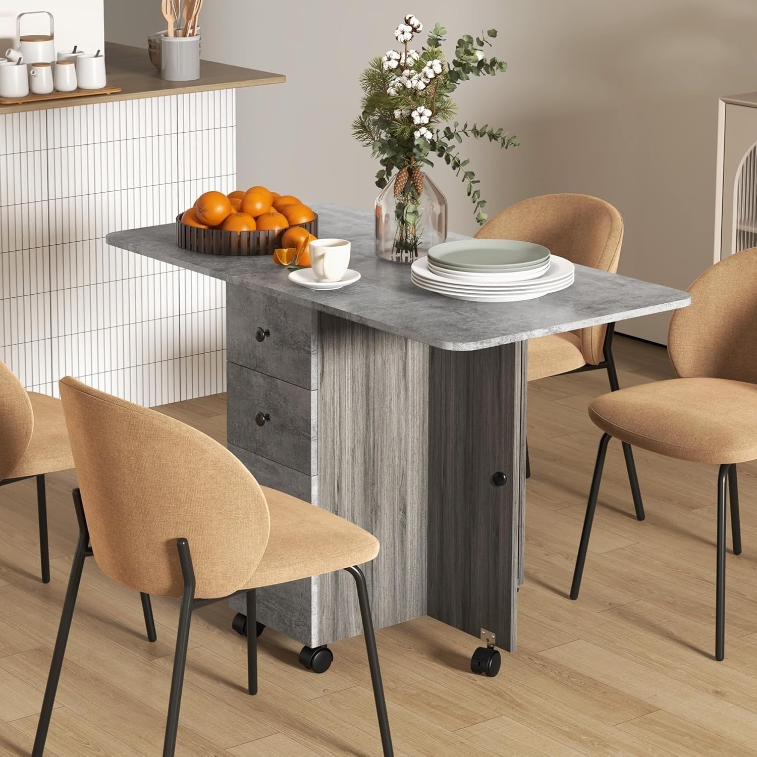 Folding Drop Leaf Dining Table on Wheels w/ Drawers, Grey Marble Effect - Kwikley