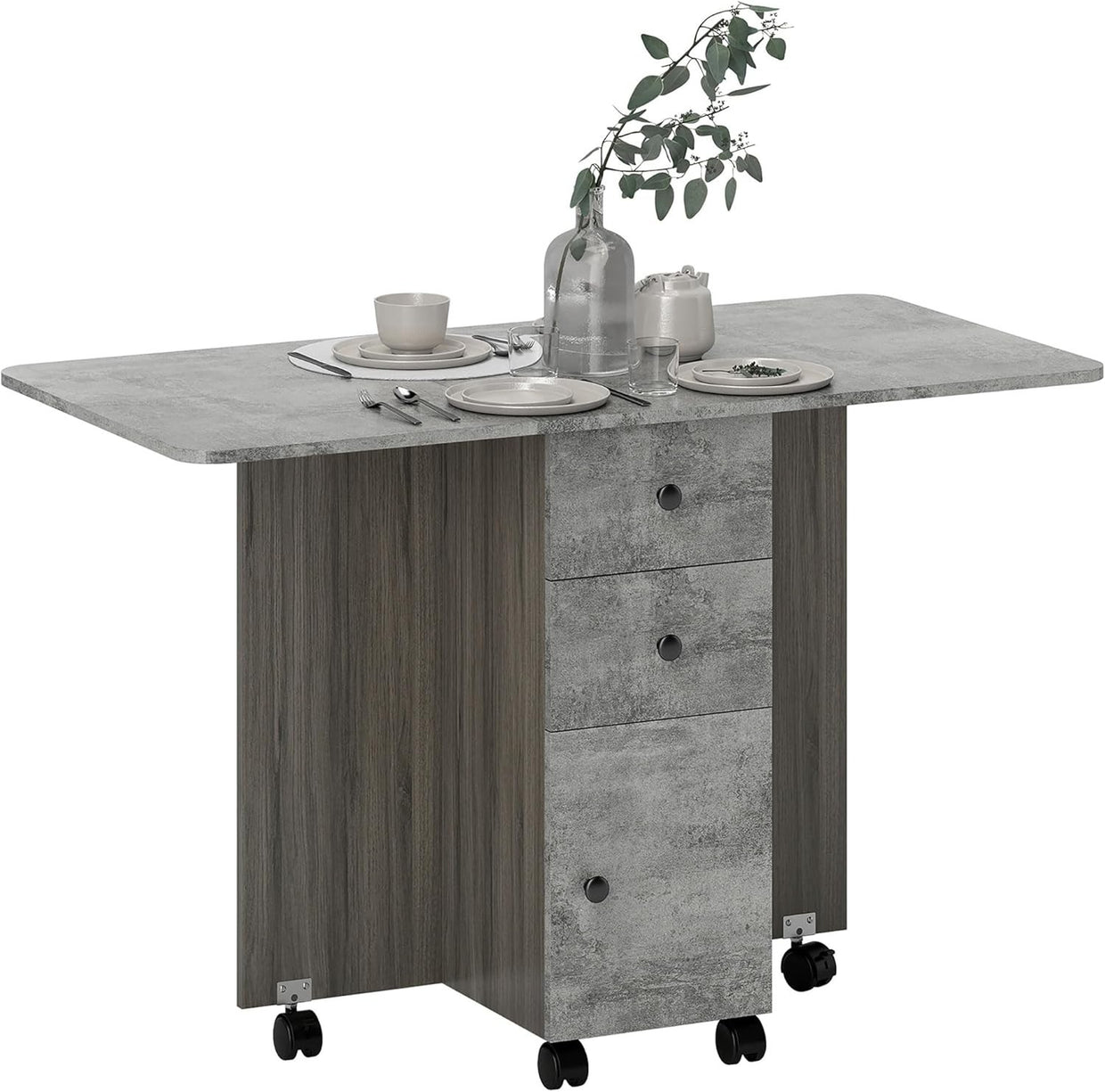 Folding Drop Leaf Dining Table on Wheels w/ Drawers, Grey Marble Effect - Kwikley