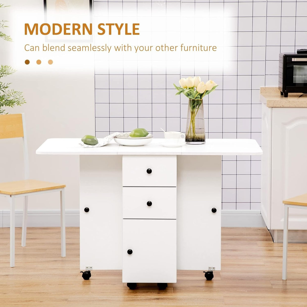 Folding Drop Leaf Dining Table on Wheels w/ Drawers, White - Kwikley