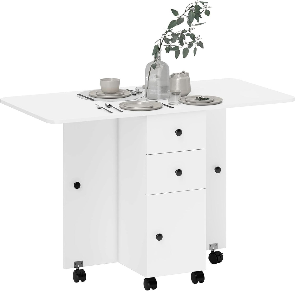 Folding Drop Leaf Dining Table on Wheels w/ Drawers, White - Kwikley