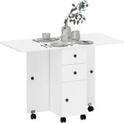 Folding Drop Leaf Dining Table on Wheels w/ Drawers, White - Kwikley