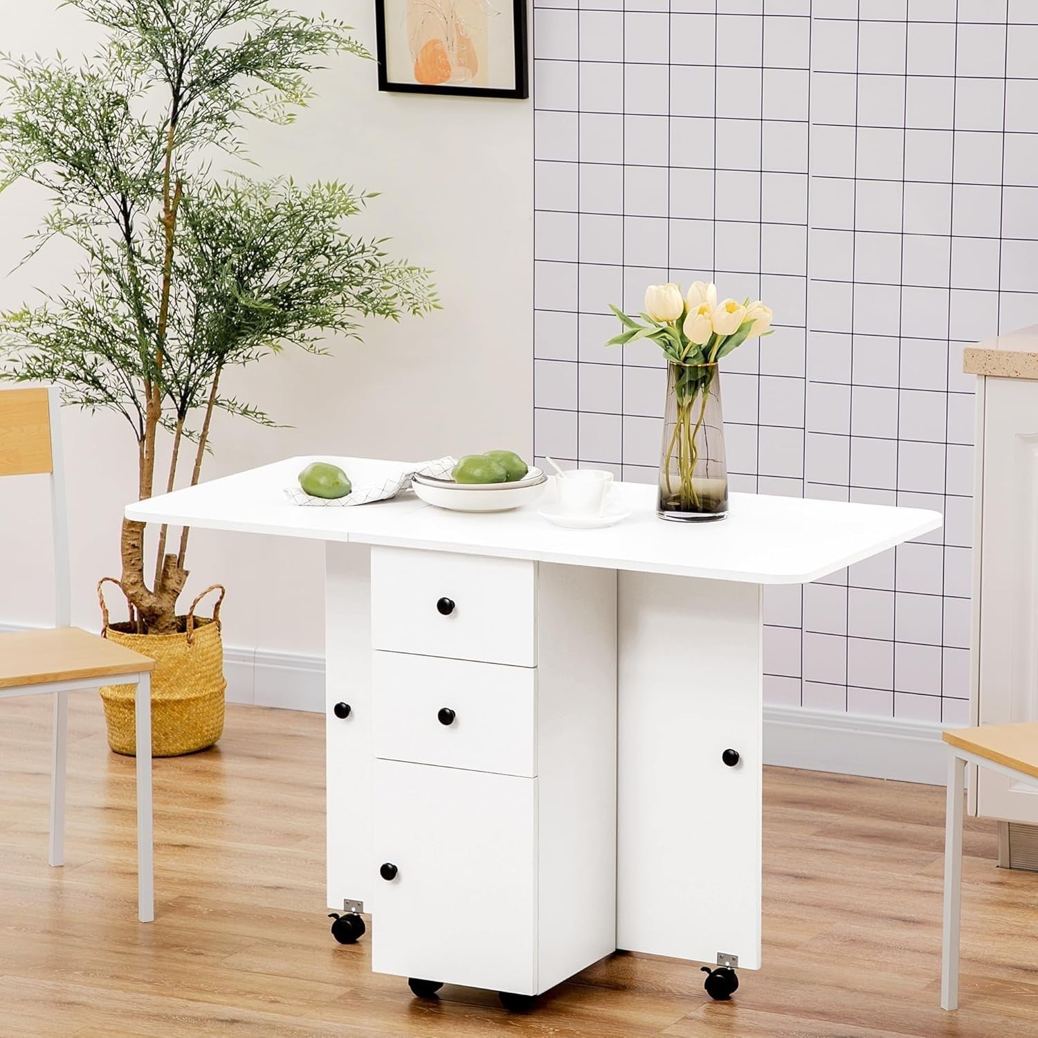 Folding Drop Leaf Dining Table on Wheels w/ Drawers, White - Kwikley