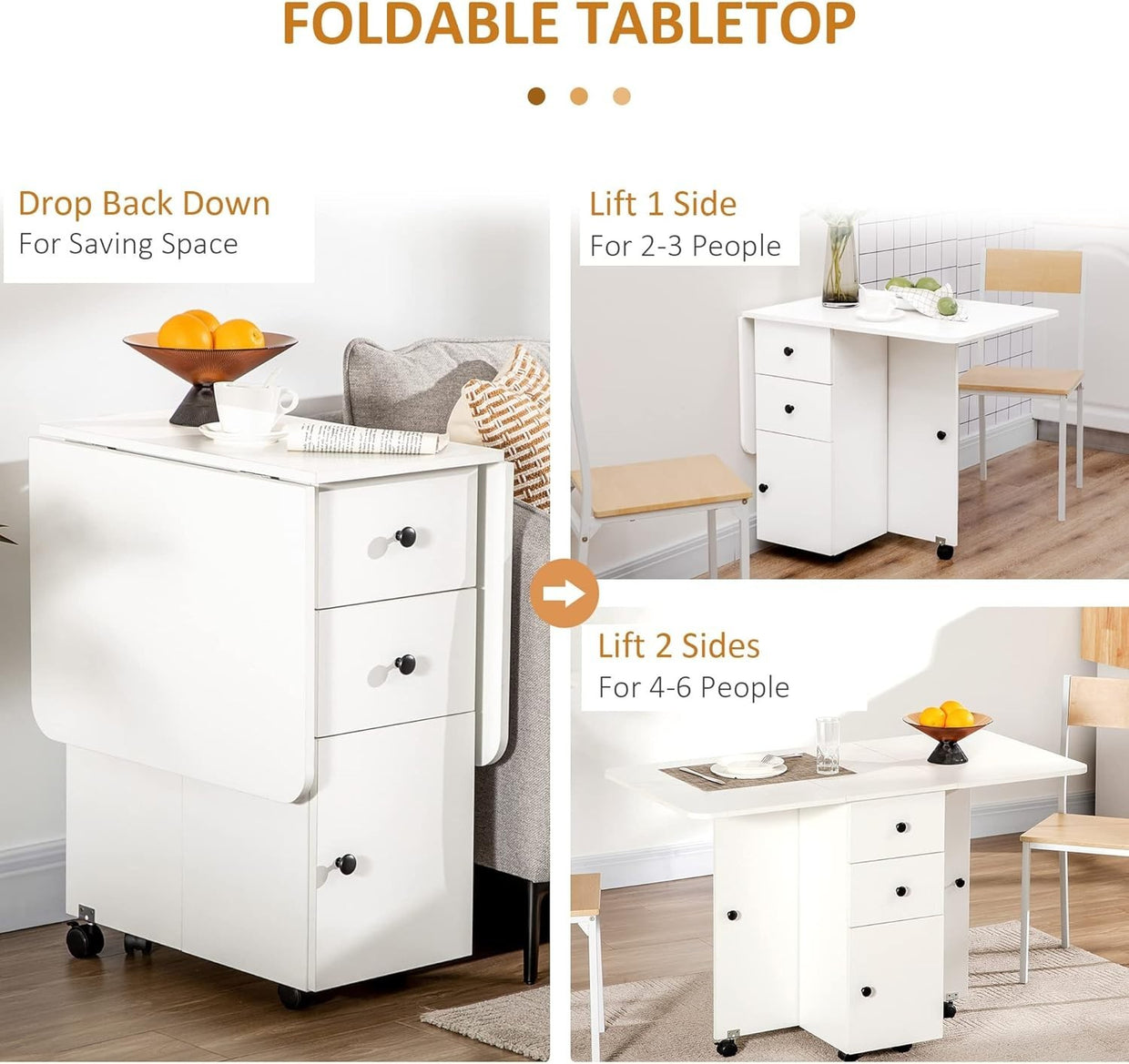Folding Drop Leaf Dining Table on Wheels w/ Drawers, White - Kwikley