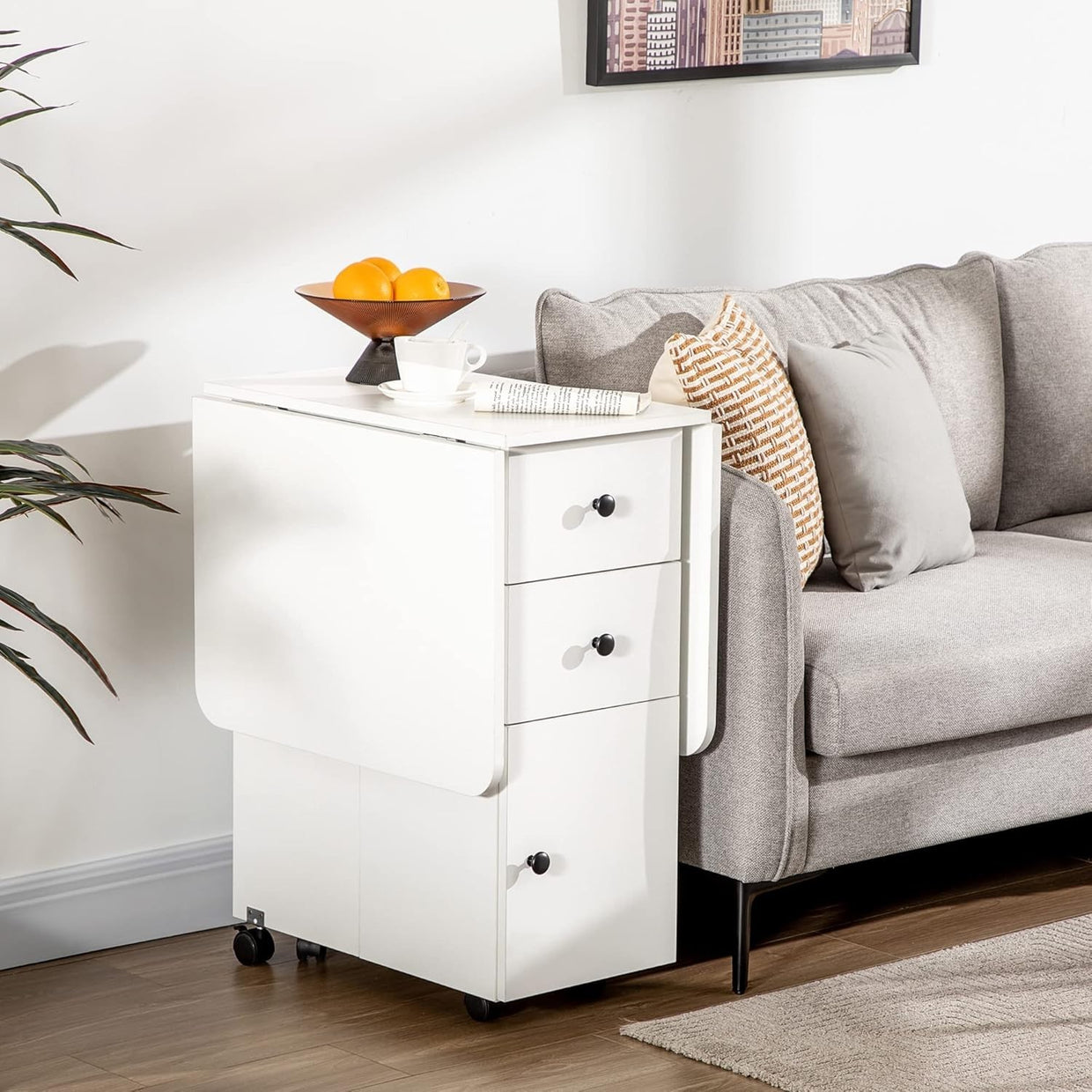Folding Drop Leaf Dining Table on Wheels w/ Drawers, White - Kwikley