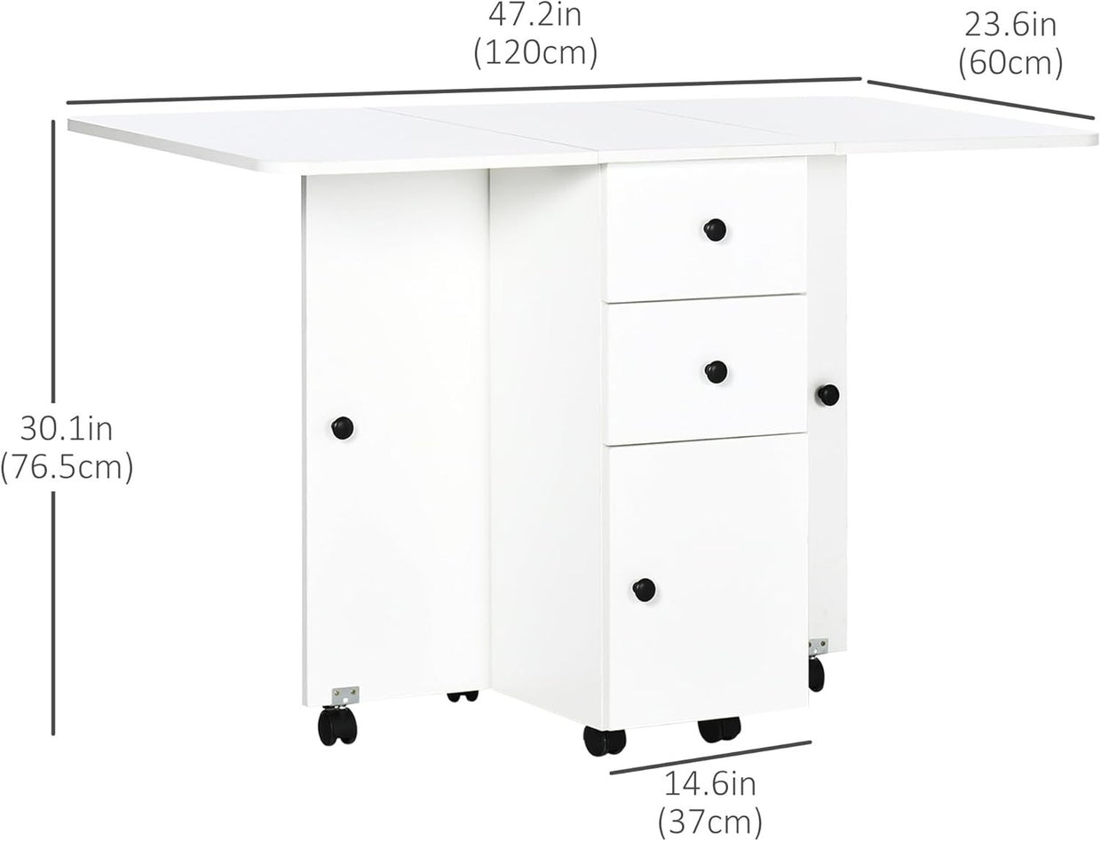 Folding Drop Leaf Dining Table on Wheels w/ Drawers, White - Kwikley