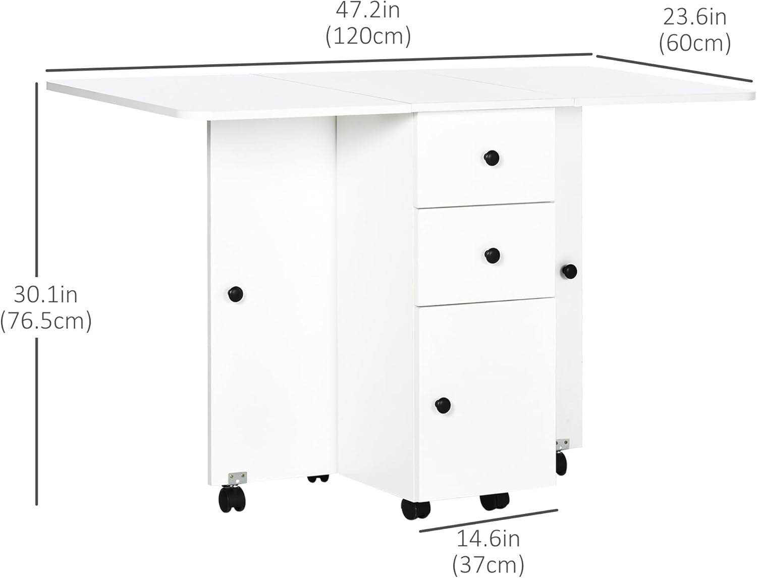 Folding Drop Leaf Dining Table on Wheels w/ Drawers, White - Kwikley