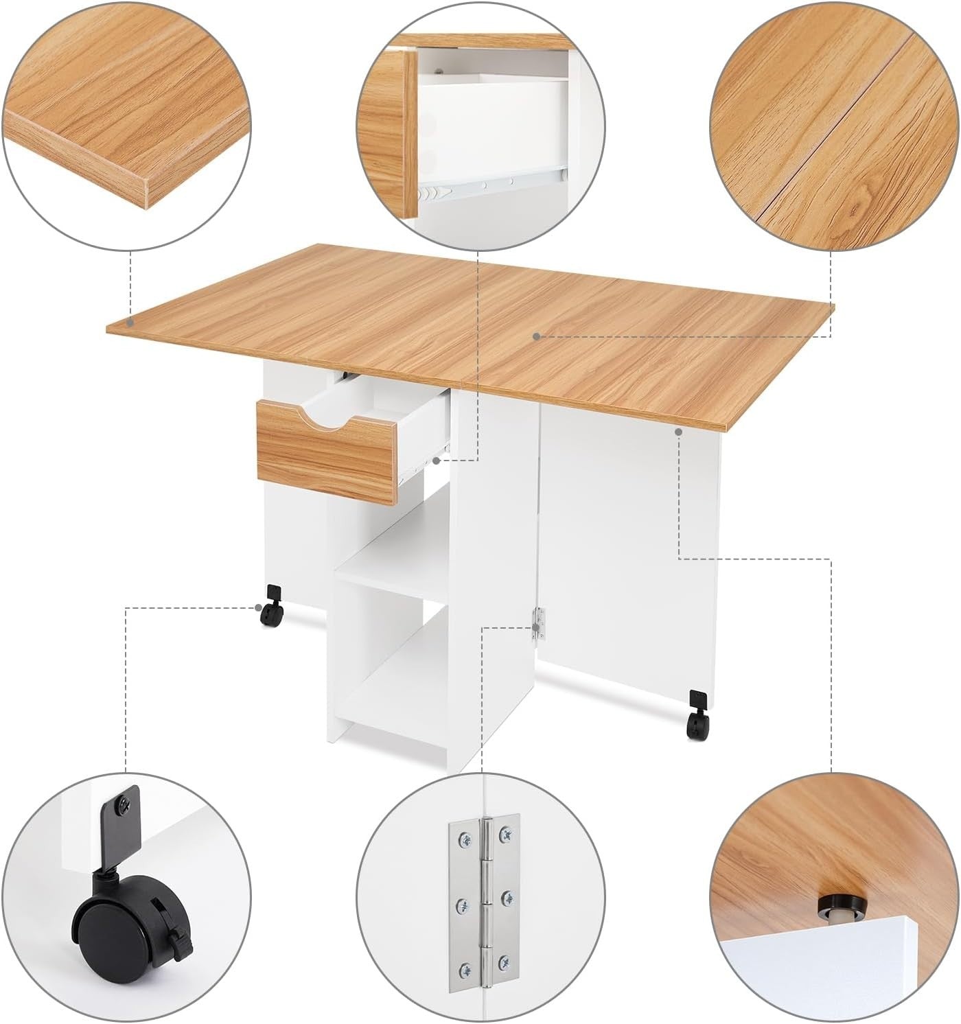 Folding Drop Leaf Dining Table with Storage, Small Space Oak Desk - Kwikley
