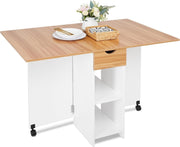 Folding Drop Leaf Dining Table with Storage, Small Space Oak Desk - Kwikley
