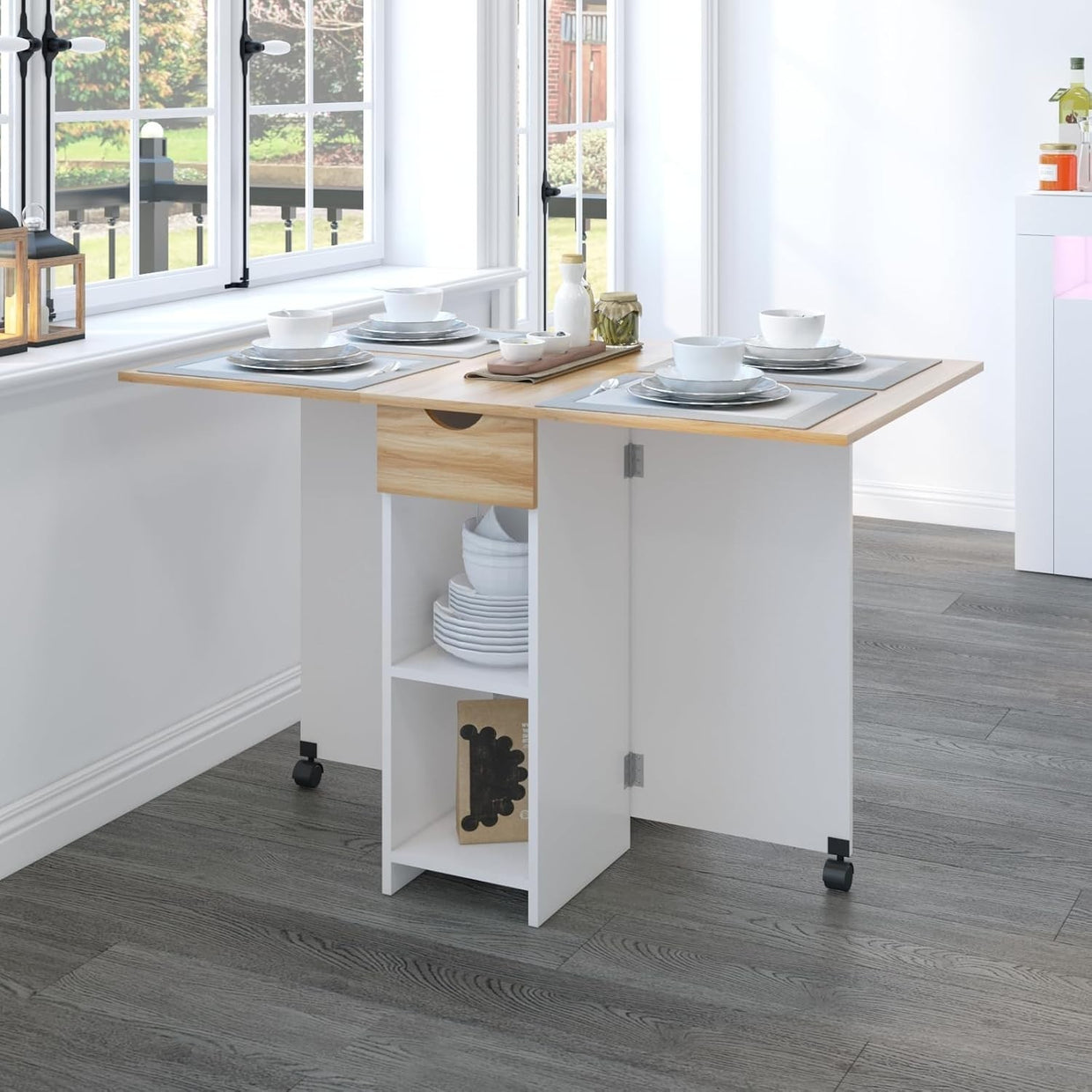 Folding Drop Leaf Dining Table with Storage, Small Space Oak Desk - Kwikley