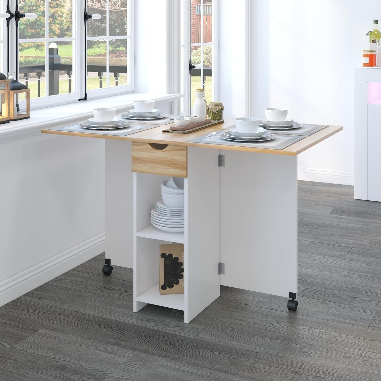 Folding Drop Leaf Dining Table with Storage, Small Space Oak Desk - Kwikley