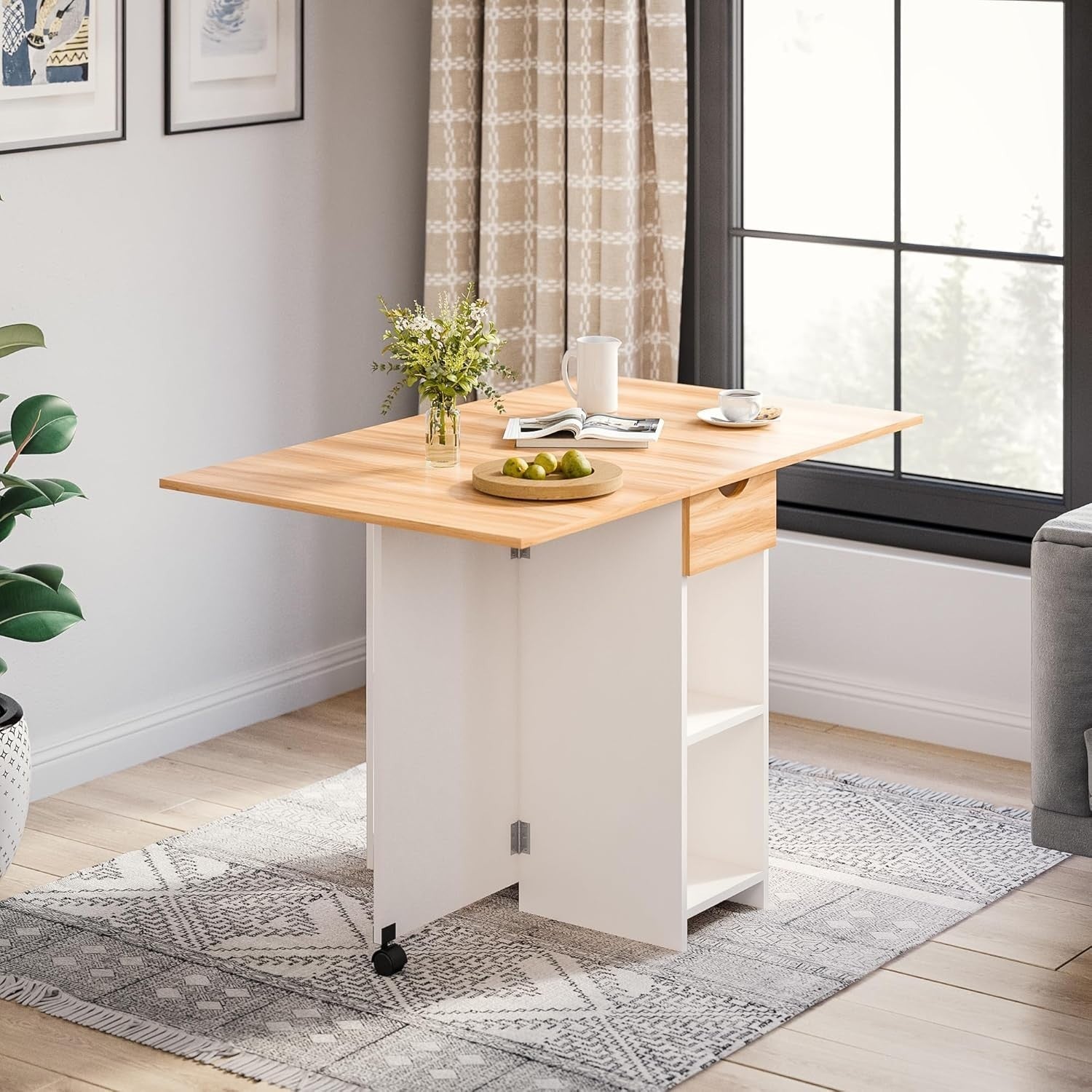Folding Drop Leaf Dining Table with Storage, Small Space Oak Desk - Kwikley