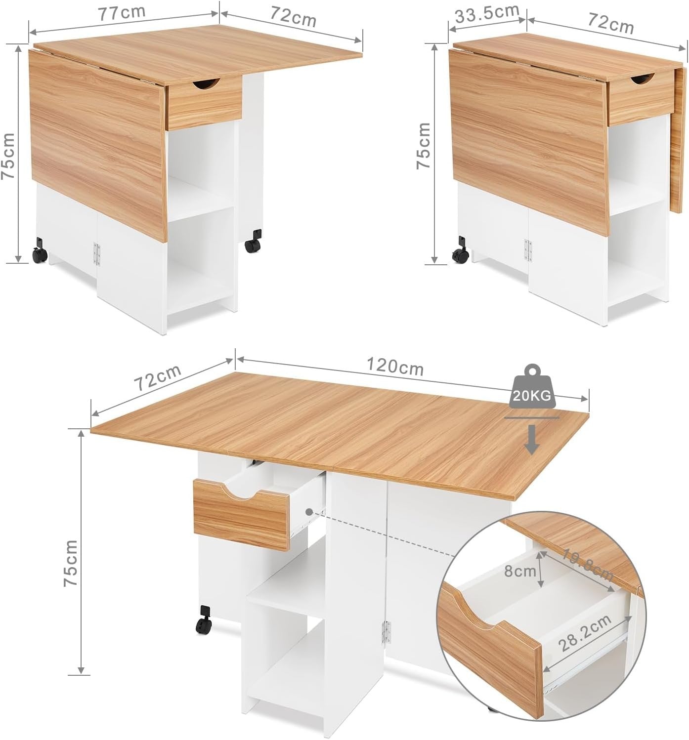 Folding Drop Leaf Dining Table with Storage, Small Space Oak Desk - Kwikley