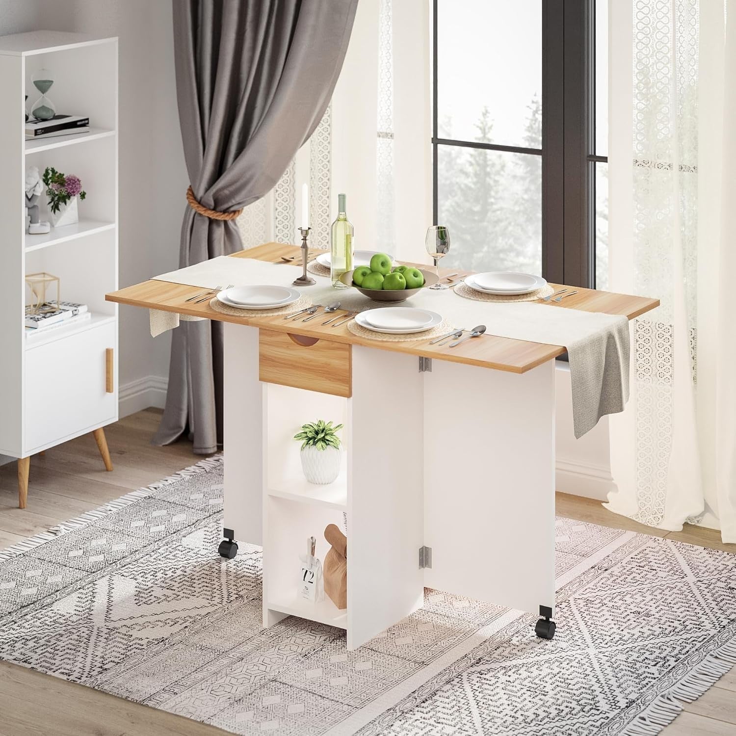 Folding Drop Leaf Dining Table with Storage, Small Space Oak Desk - Kwikley