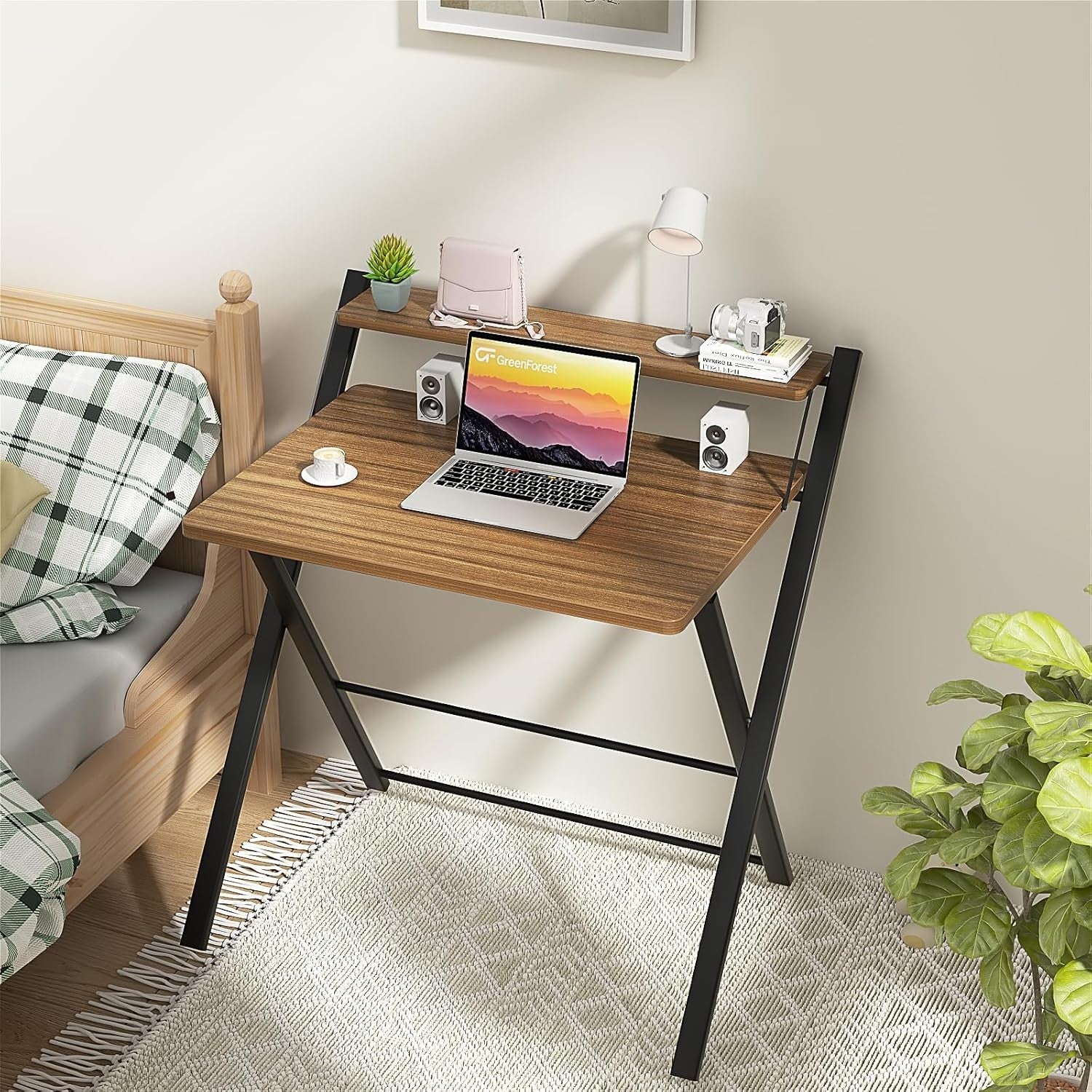 Folding Espresso Computer Desk w/Shelf Small Workstation - Kwikley