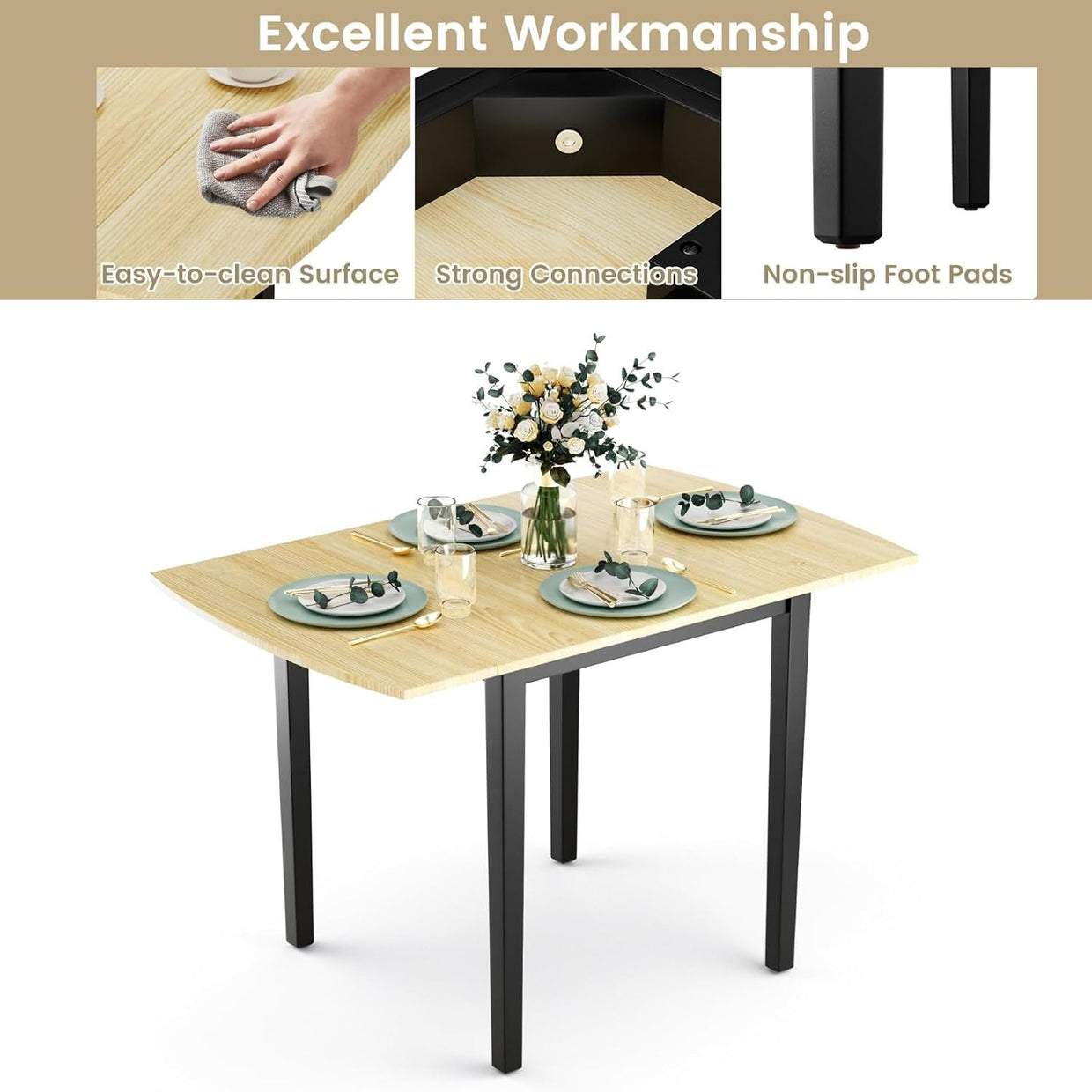 Folding Extendable Drop Leaf Dining Table Small Space Rectangular Wood - Kwikley