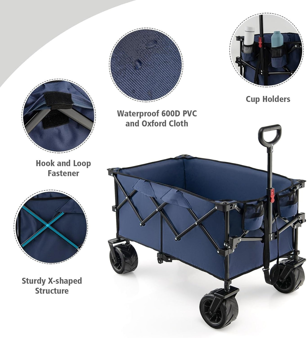 Folding Garden Wagon 98x60x92cm Heavy Duty Cart All Terrain Wheels Blue - Kwikley