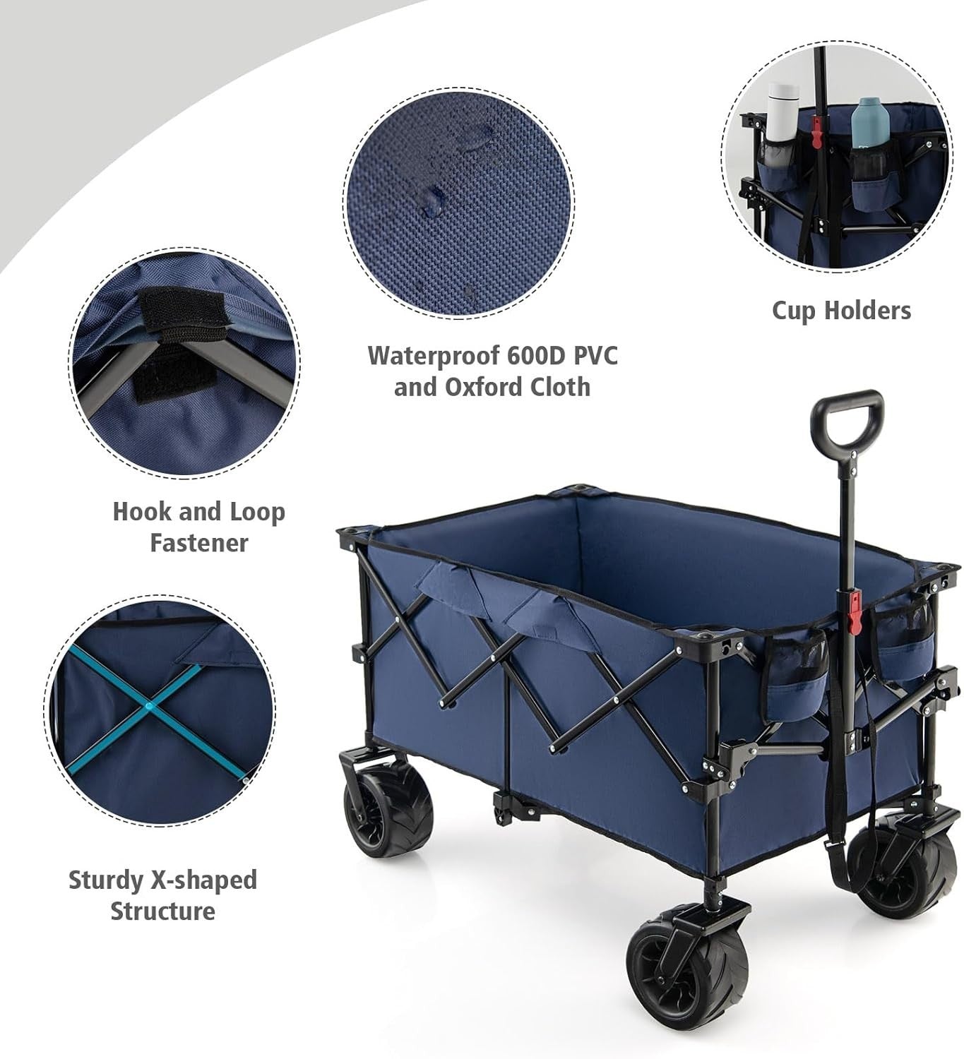 Folding Garden Wagon 98x60x92cm Heavy Duty Cart All Terrain Wheels Blue - Kwikley