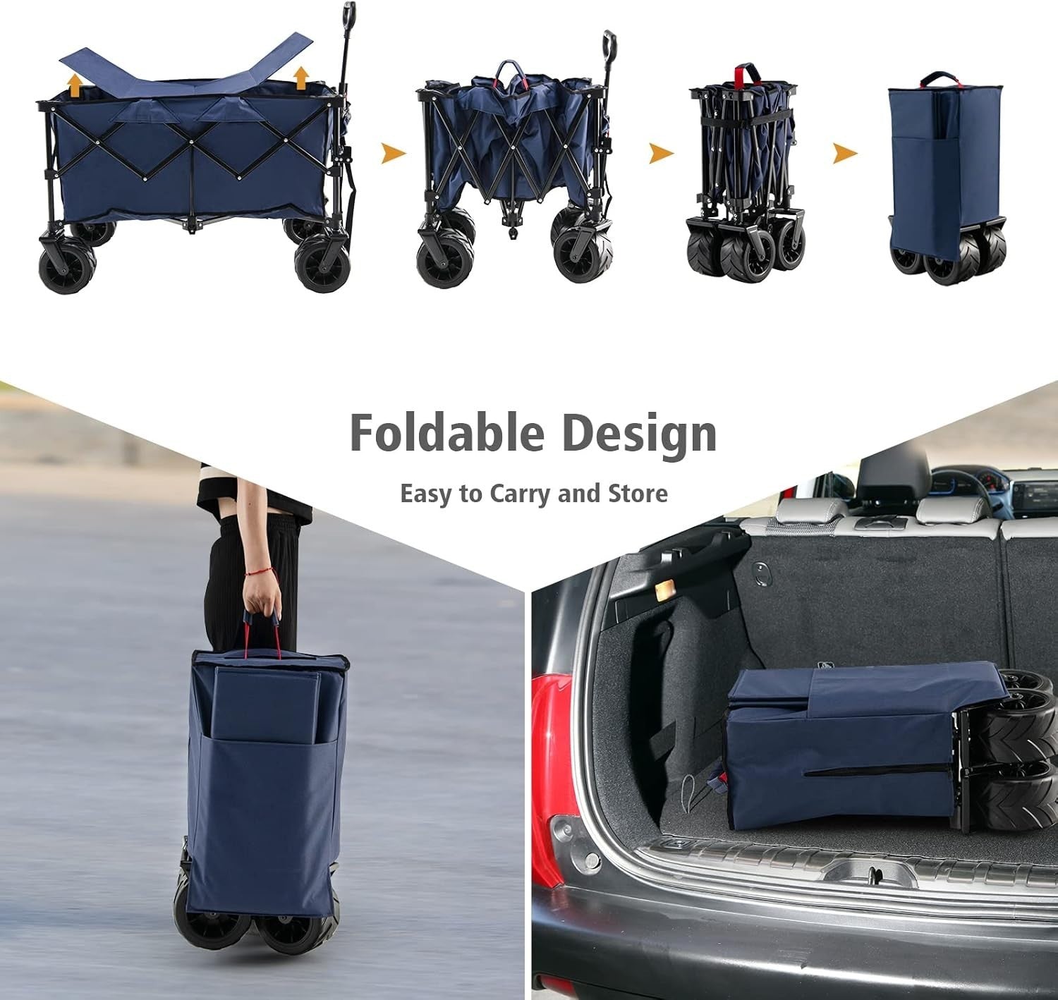 Folding Garden Wagon 98x60x92cm Heavy Duty Cart All Terrain Wheels Blue - Kwikley