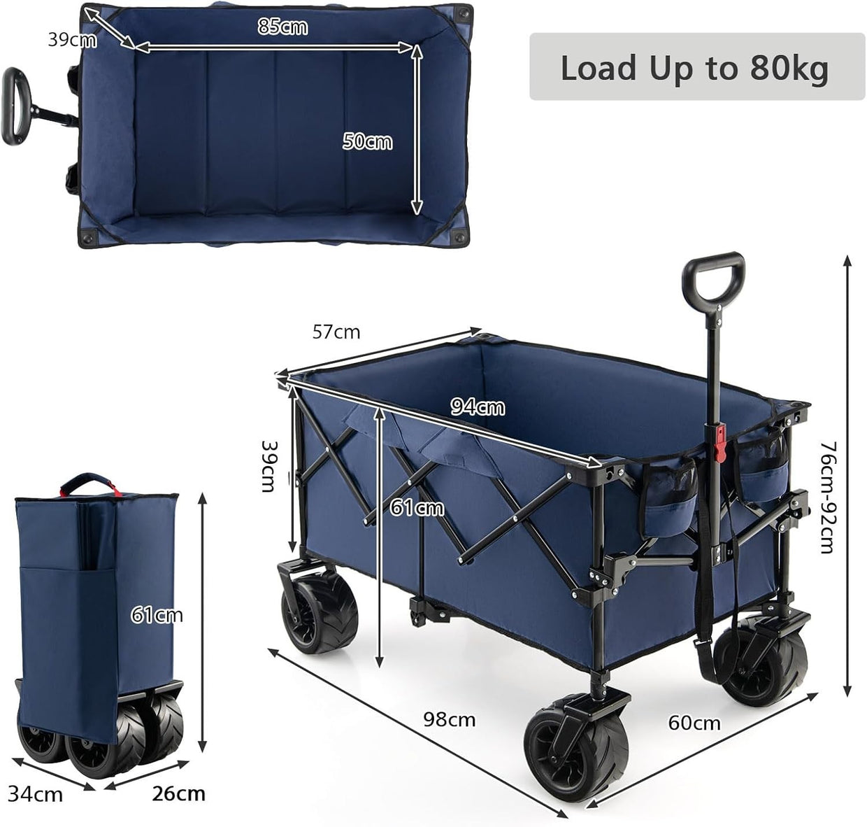 Folding Garden Wagon 98x60x92cm Heavy Duty Cart All Terrain Wheels Blue - Kwikley