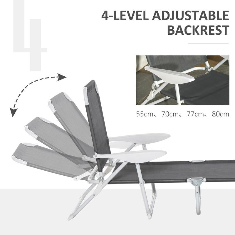 Folding Grey Sun Lounger Chair Recliner 4 - Position Armrests Patio Bed - Kwikley