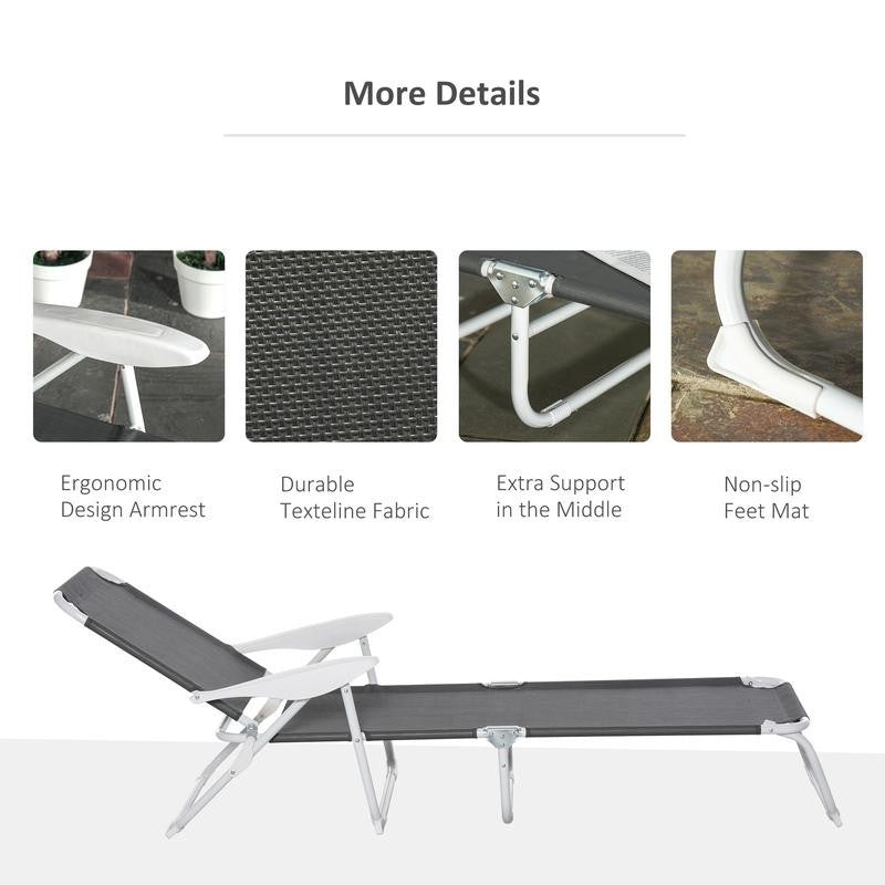 Folding Grey Sun Lounger Chair Recliner 4 - Position Armrests Patio Bed - Kwikley