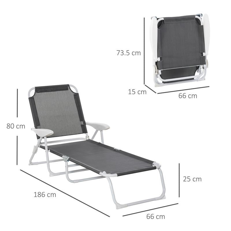 Folding Grey Sun Lounger Chair Recliner 4 - Position Armrests Patio Bed - Kwikley