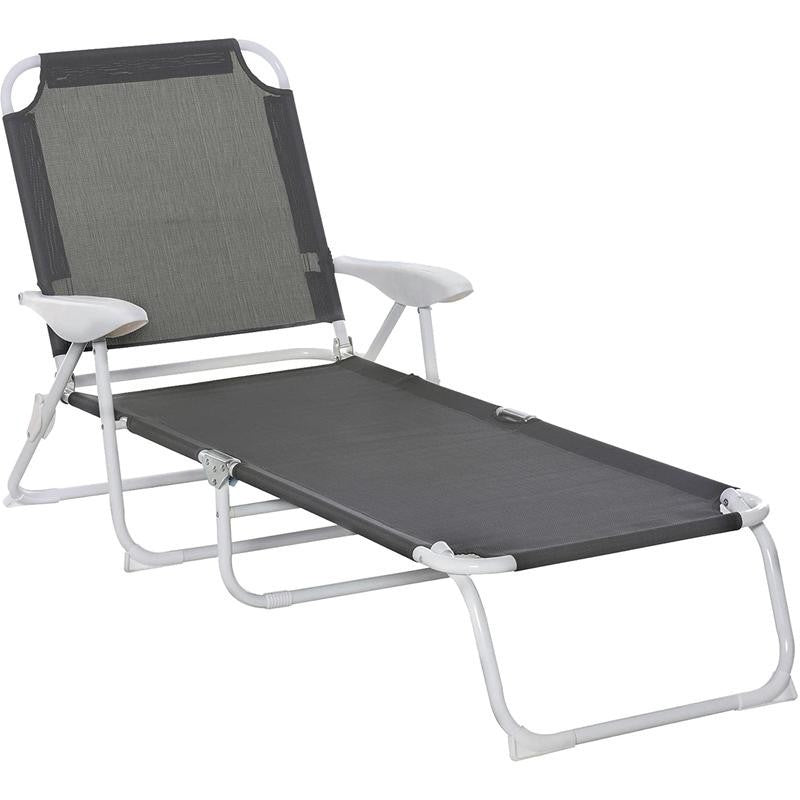 Folding Grey Sun Lounger Chair Recliner 4 - Position Armrests Patio Bed - Kwikley