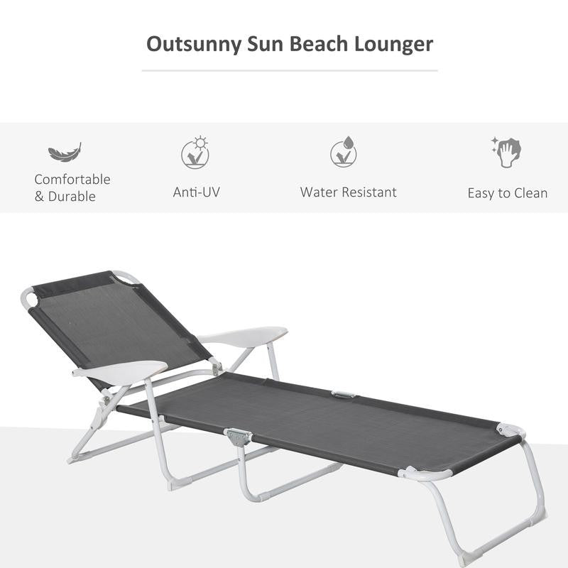 Folding Grey Sun Lounger Chair Recliner 4 - Position Armrests Patio Bed - Kwikley