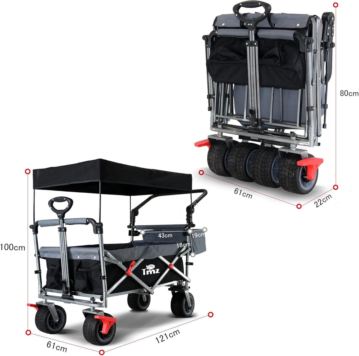 Folding Handcart w/ Roof 120kg Load 360° Wheels Kids Garden Beach Wagon Black - Kwikley