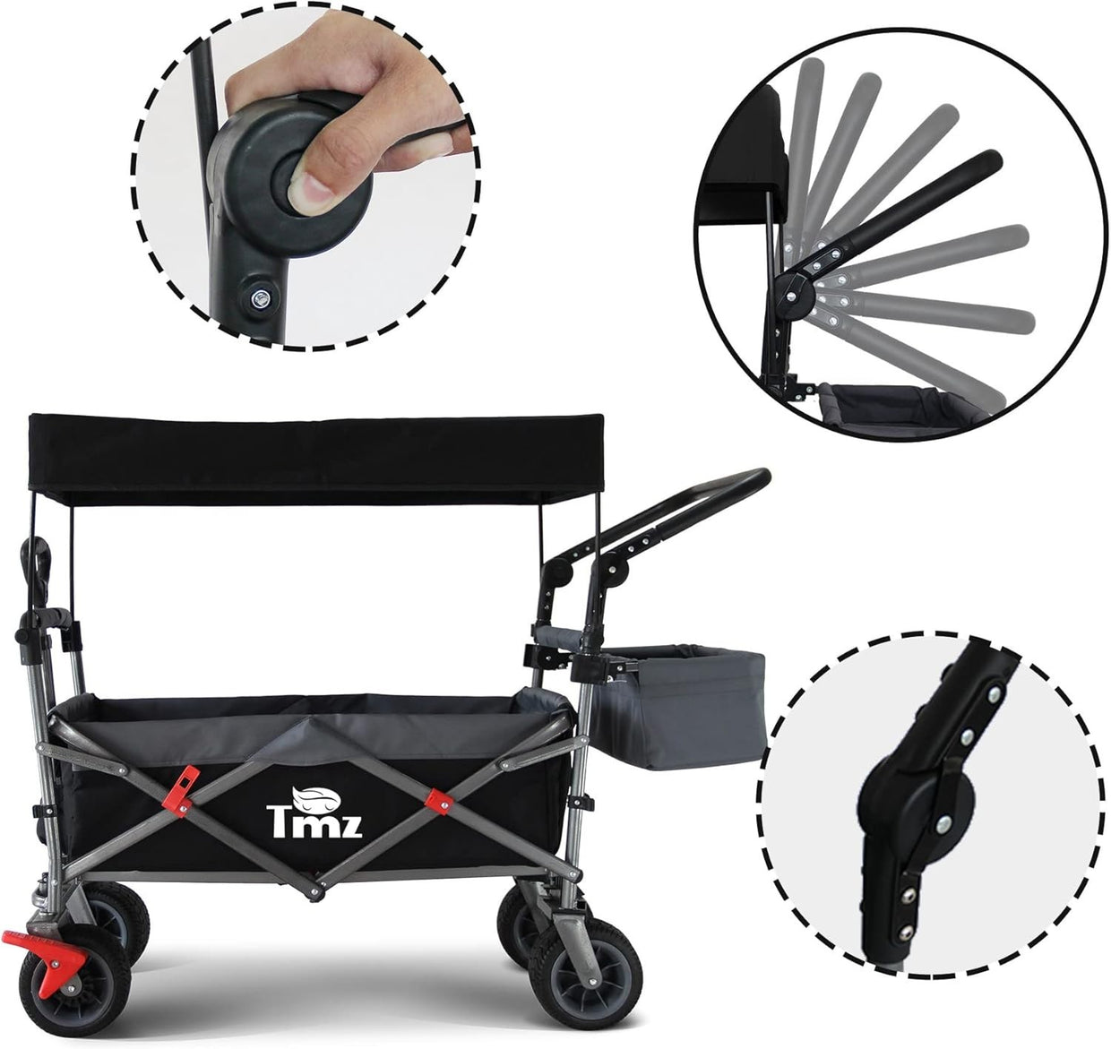 Folding Handcart w/ Roof 120kg Load 360° Wheels Kids Garden Beach Wagon Black - Kwikley