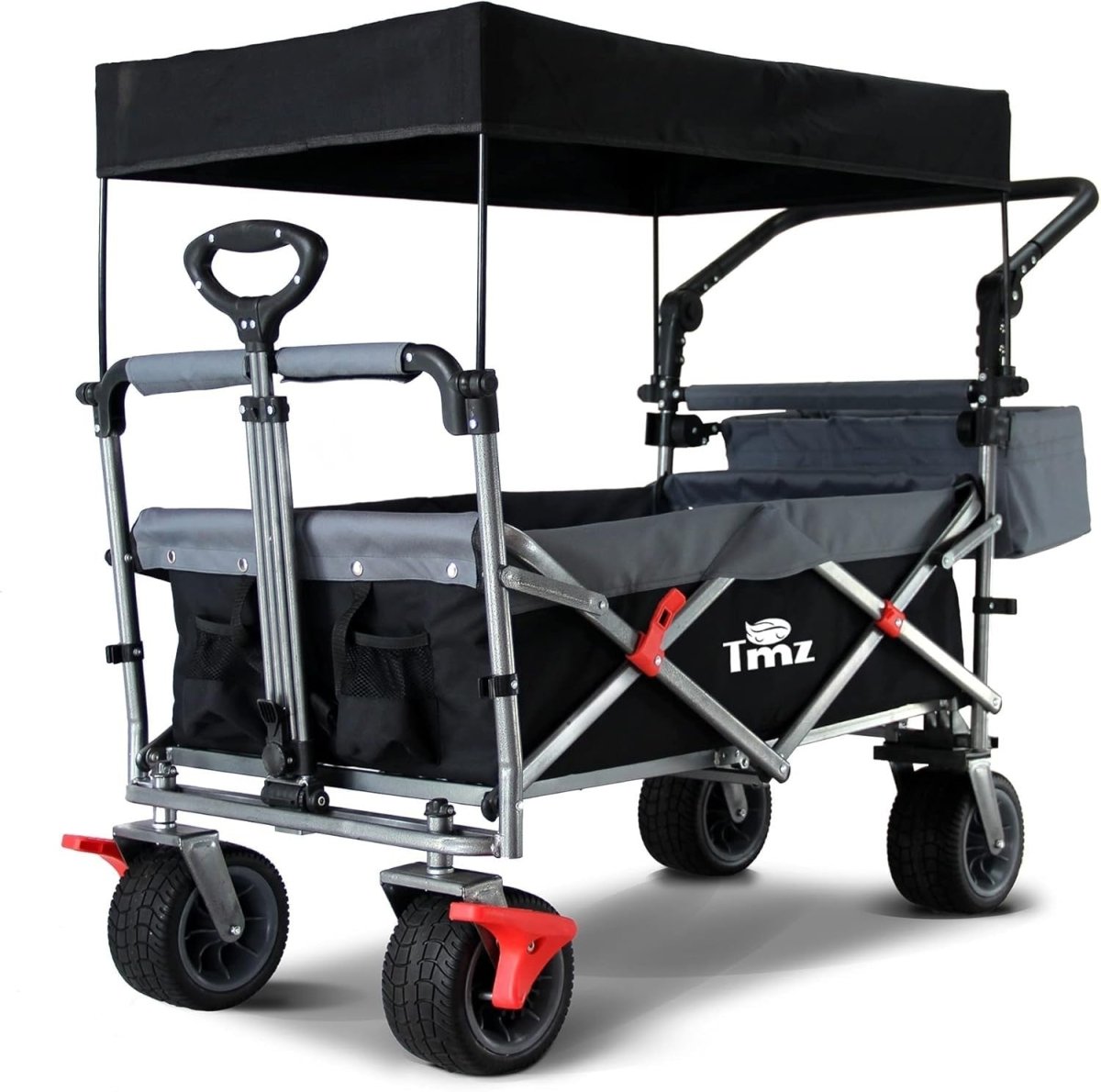 Folding Handcart w/ Roof 120kg Load 360° Wheels Kids Garden Beach Wagon Black - Kwikley