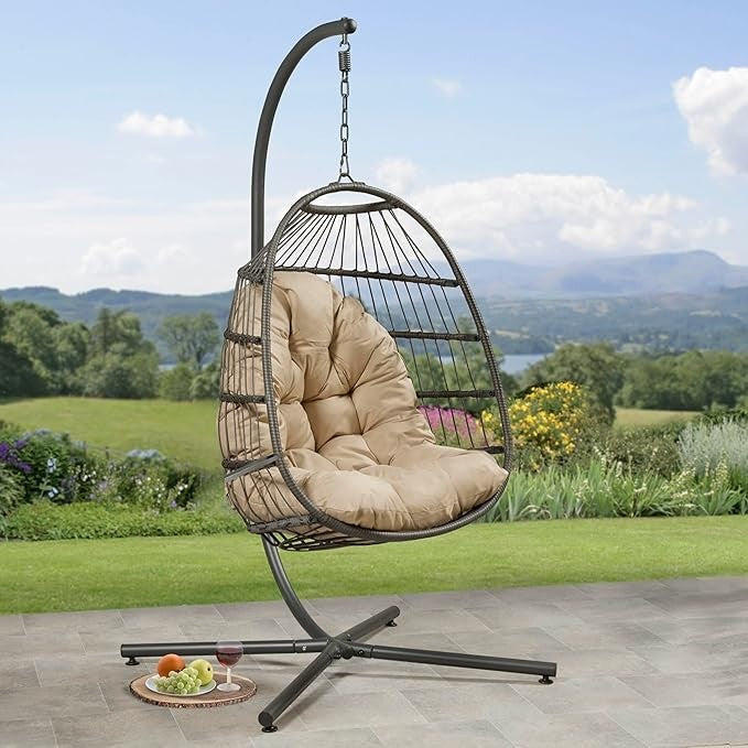 Folding Hanging Egg Chair Swing Seat Indoor Outdoor Waterproof Rattan Cocoon - Kwikley