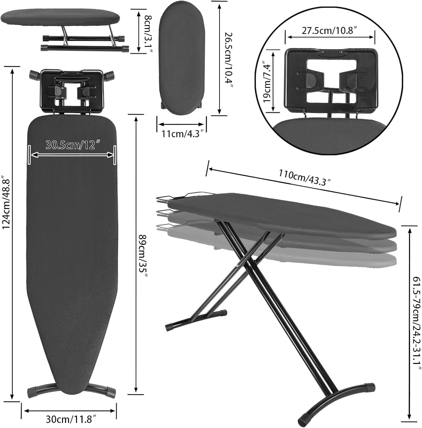 Folding Ironing Board 110x30cm Heat Resistant Adjustable Iron Rest - Kwikley