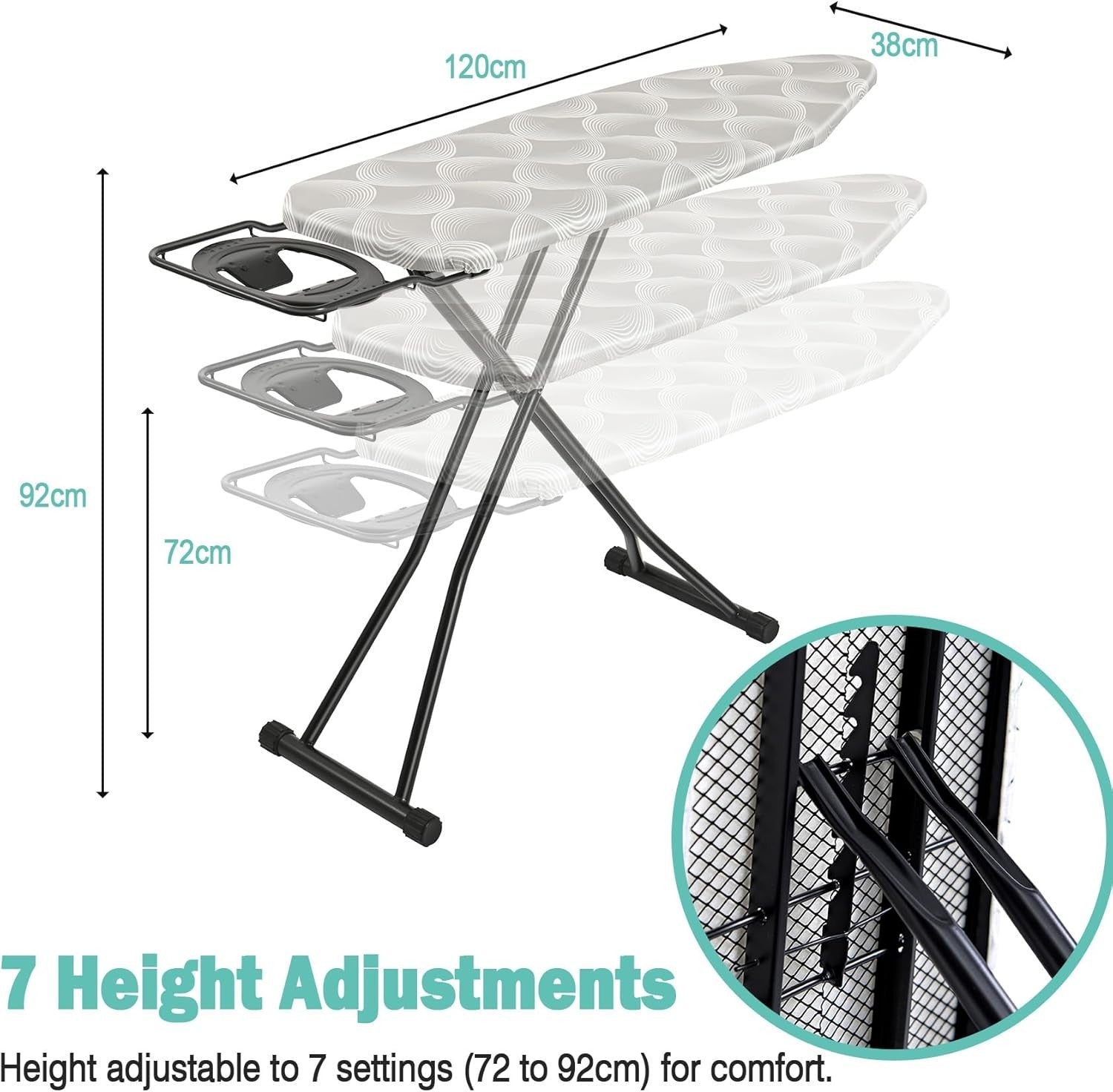 Folding Ironing Board 120x38cm Height Adjustable Steam Iron Rest - Kwikley