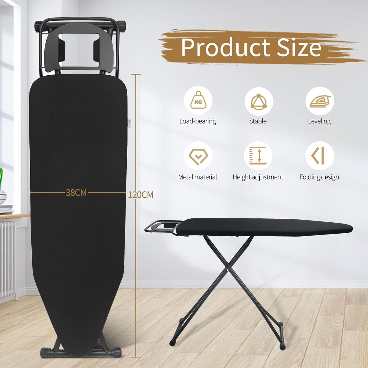 Folding Ironing Board 122x38cm Adjustable Height Anti - Slip with Iron - Kwikley