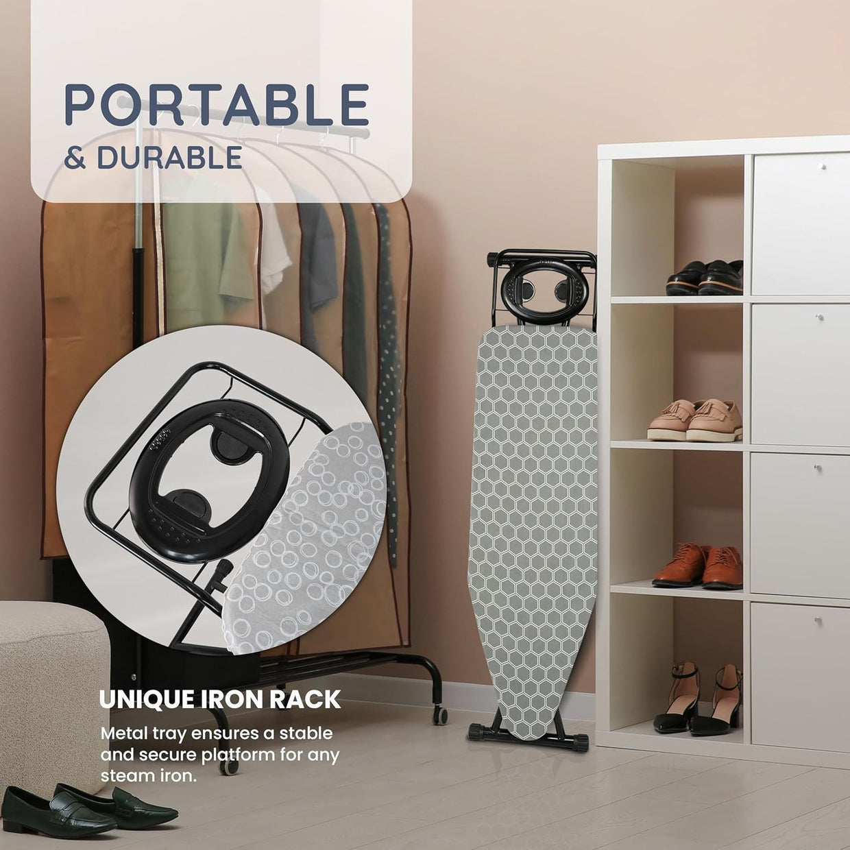 Folding Ironing Board 122x38cm Adjustable Height Anti - Slip with Iron Rest - Kwikley
