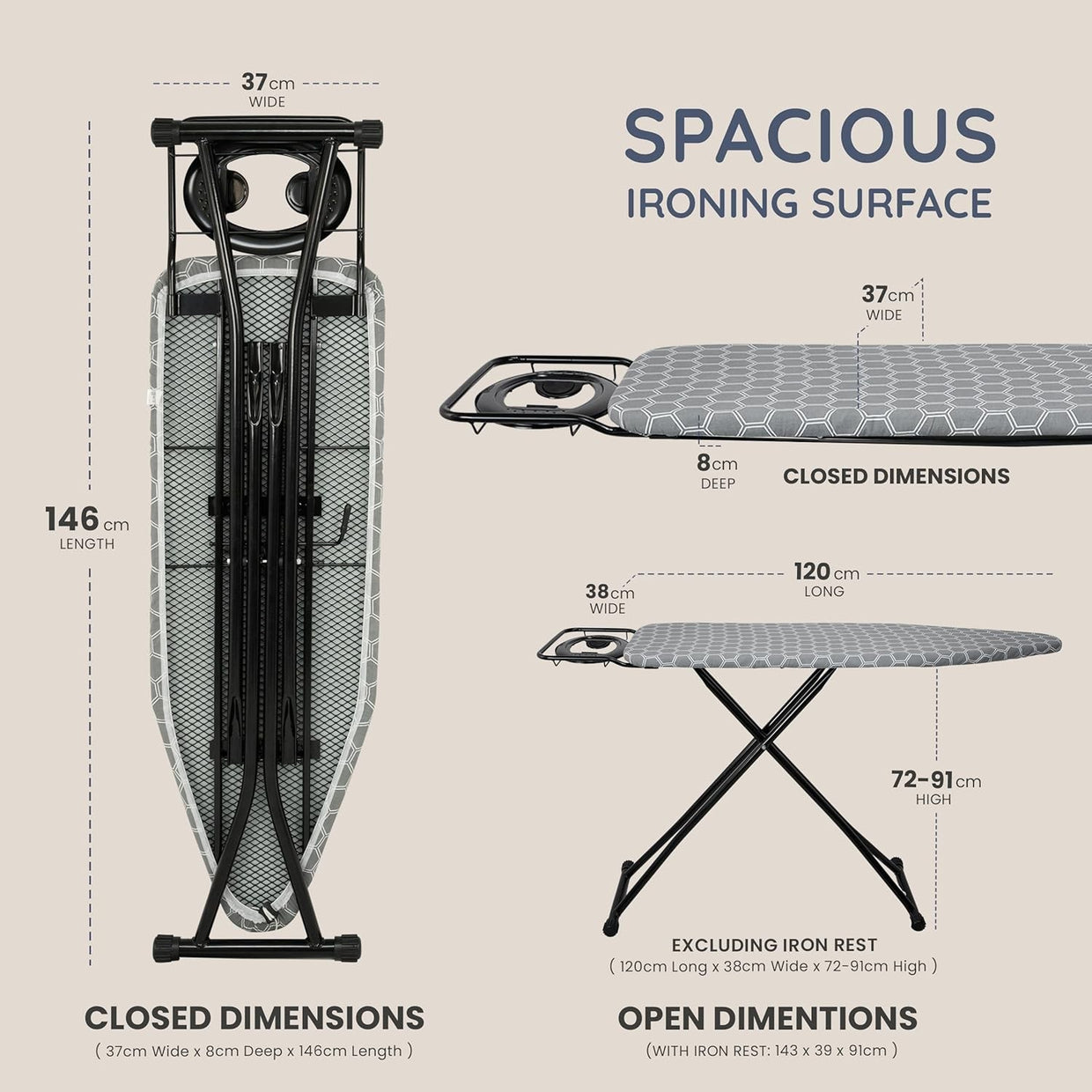 Folding Ironing Board 122x38cm Adjustable Height Anti - Slip with Iron Rest - Kwikley