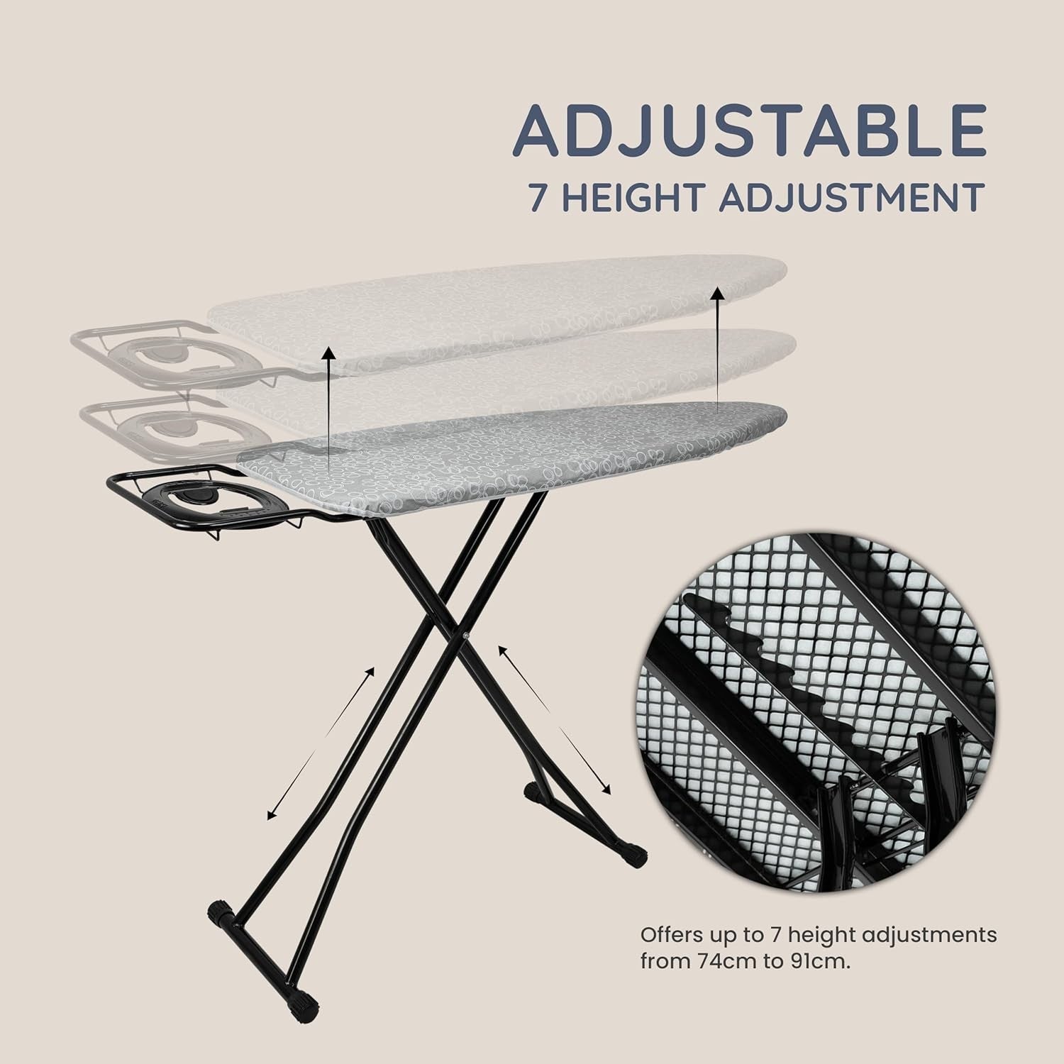 Folding Ironing Board 122x38cm Adjustable Height Anti - Slip with Iron Rest - Kwikley