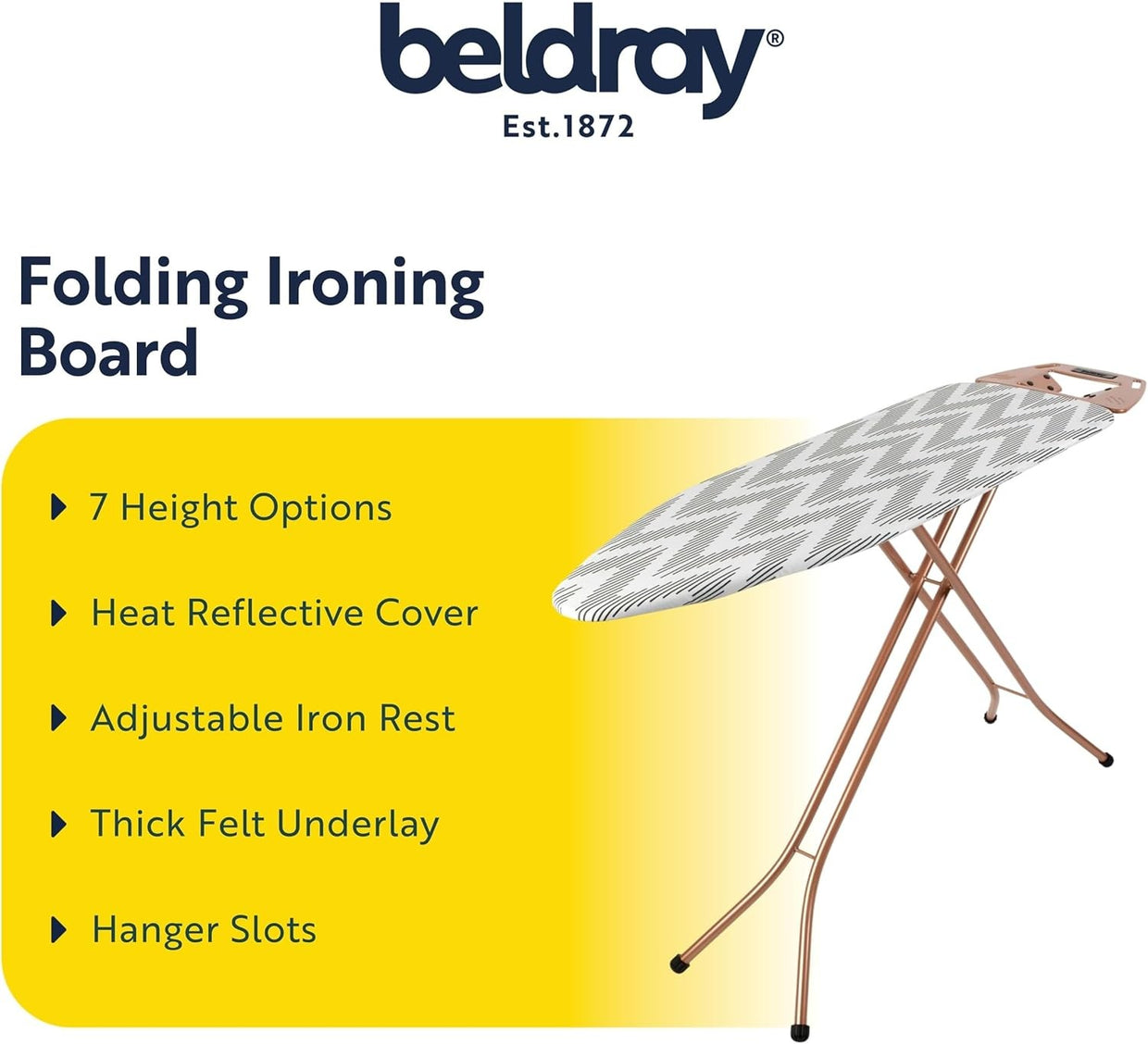 Folding Ironing Board 122x38cm Adjustable Height Heat Reflective Rose Gold - Kwikley