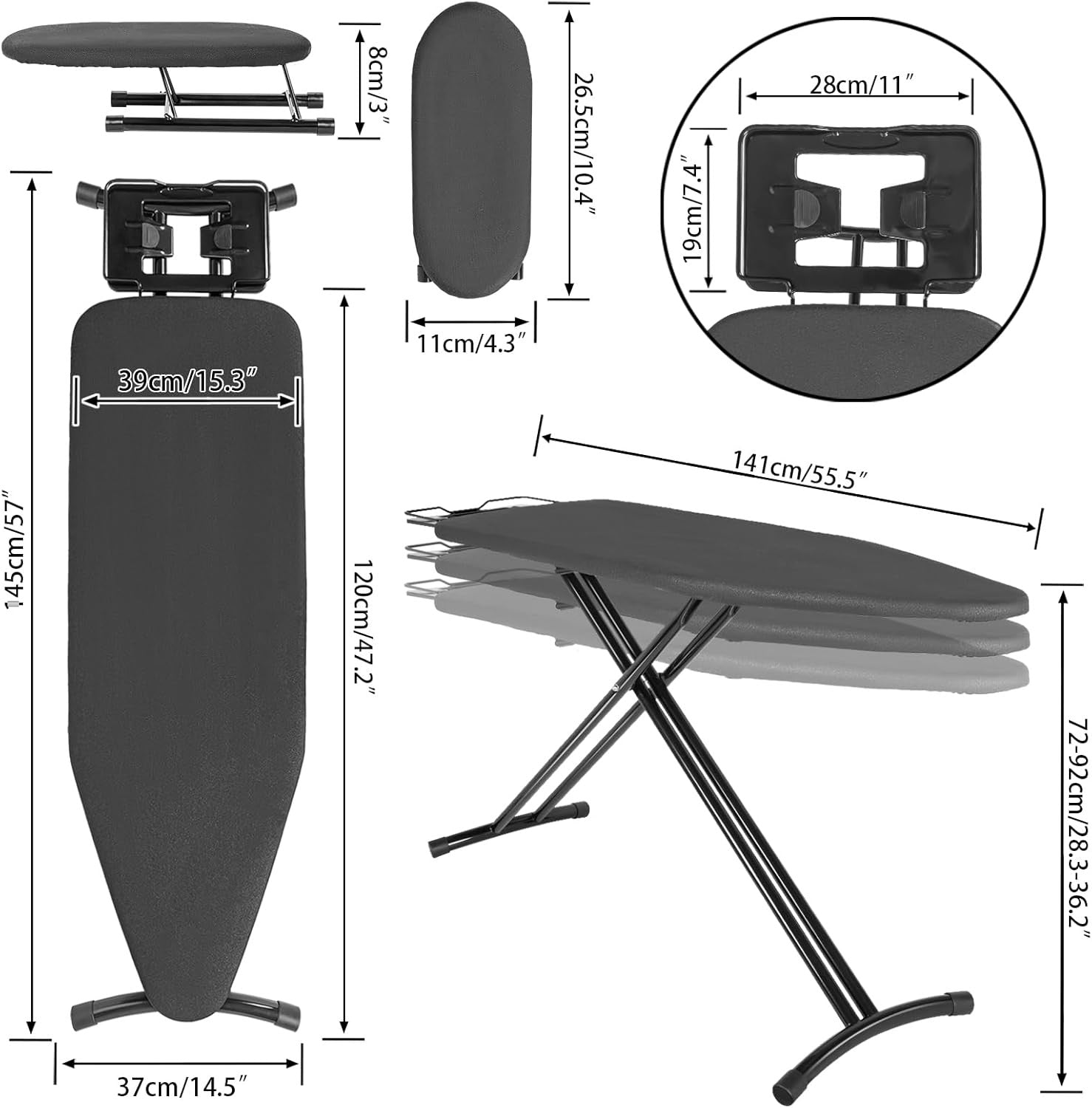 Folding Ironing Board 122x38cm Heat Resistant Adjustable with Iron Rest - Kwikley