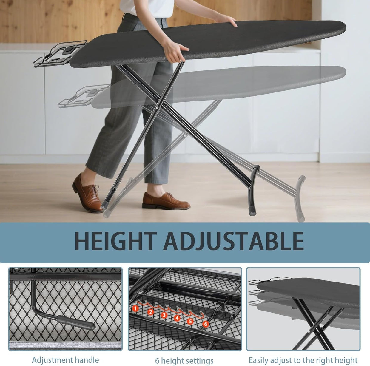 Folding Ironing Board 122x38cm Heat Resistant Adjustable with Iron Rest - Kwikley
