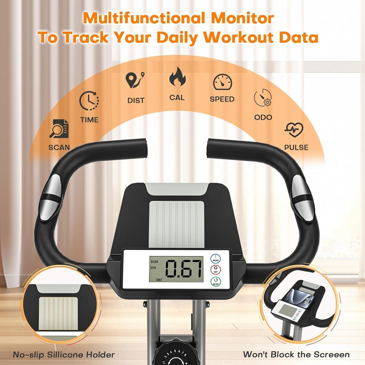 Folding Magnetic Exercise Bike w/ LCD Display, 8 - Level Resistance Device Holder - Kwikley