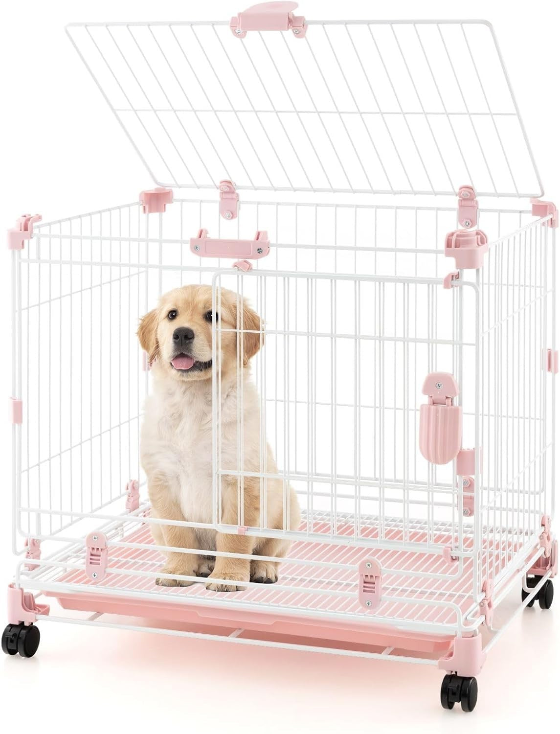 Folding Metal Dog Crate with Wheels & Double Lock Doors Indoor Pet Kennel 41x56c - Kwikley