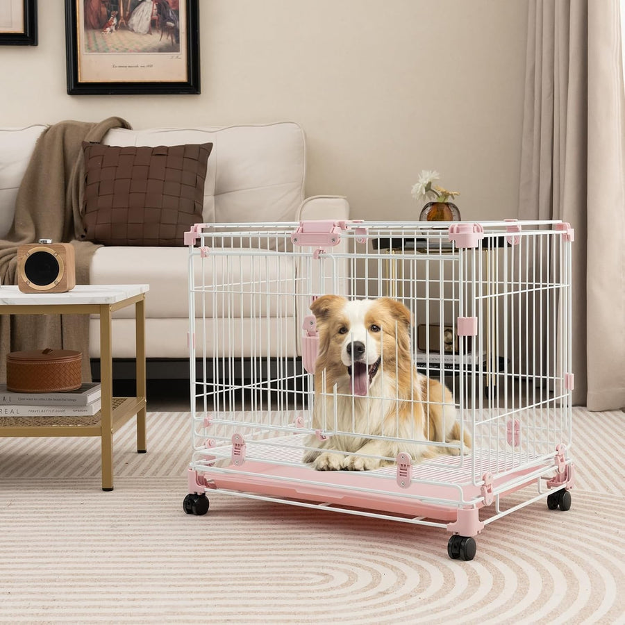 Folding Metal Dog Crate with Wheels & Double Lock Doors Indoor Pet Kennel 41x56c - Kwikley