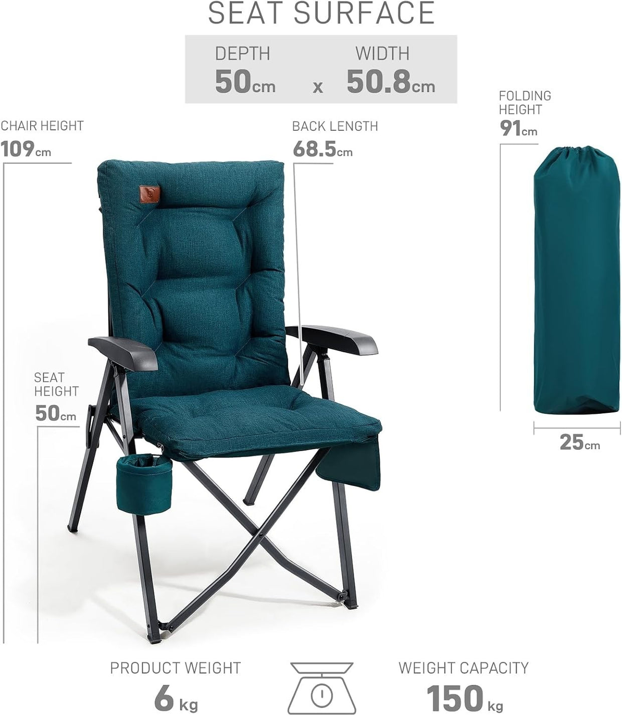 Folding Padded Camping Chair Recliner High Back 150kg Heavy Duty Seat - Kwikley