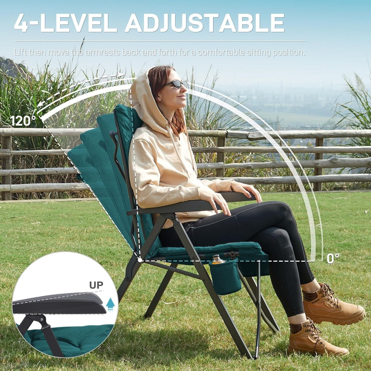 Folding Padded Camping Chair Recliner High Back 150kg Heavy Duty Seat - Kwikley